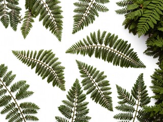 Lush Green Fern Fronds Arranged on White Background - Flat Lay, Nature Pattern