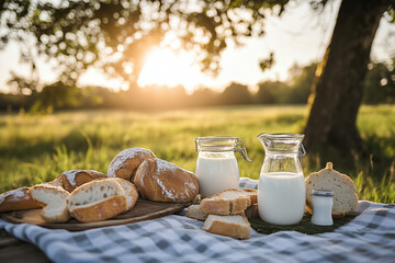 jars of milk and bread on a table in the garden with the sun setting 
