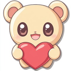 Obraz premium Adorable cartoon bear holding a large red heart, light beige fur, big eyes, happy expression, simple background, pixel art style.