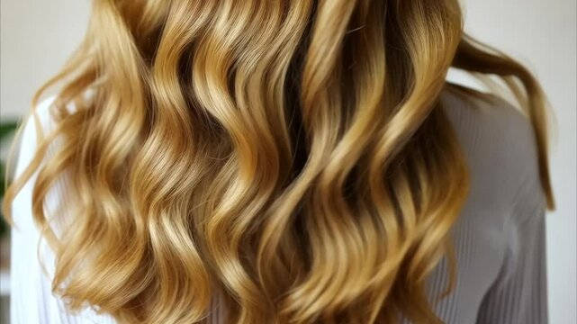 Beautiful wavy hair with golden texture and shine, featuring soft curls for elegant hairstyle that embodies beauty and vibrancy.