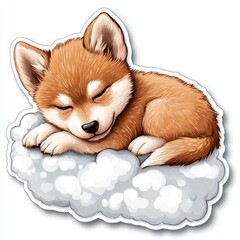 Obraz premium Adorable brown puppy sleeping peacefully on a fluffy white cloud. Digitally illustrated, cartoonish style.