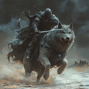 A medieval knight riding a direwolf into battle