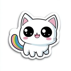 Adorable cartoon cat with rainbow tail, large eyes, and happy expression. White background. Digital illustration.