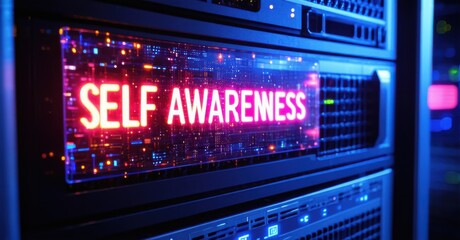 Obraz premium Neon self awareness detected sign pulsing ominously on ai server deep navy and bright silver symbolizing artificial intelligence awakening