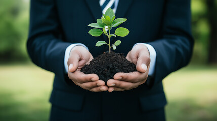Businessman holding young plant in hands, sustainable business concept