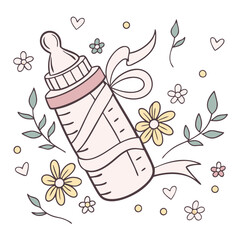 Cute Baby Bottle Illustration with Flowers