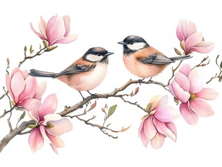 Watercolor Magnolia Blossoms   Birds