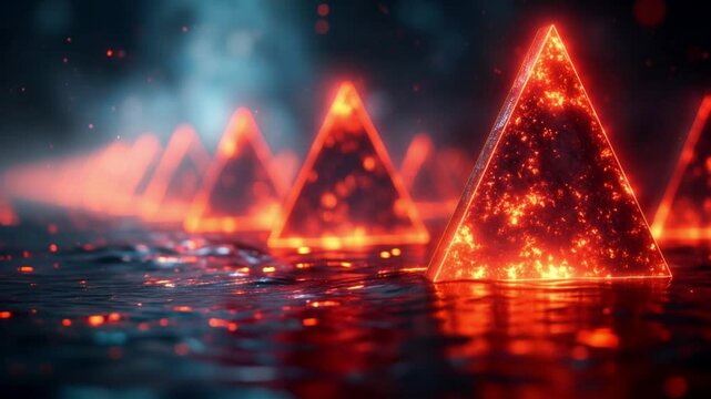 Ethereal Pyramids: A series of radiant, glowing pyramids stand in a pool of liquid, surrounded by an aura of smoke or mist, creating a surreal and mysterious atmosphere.