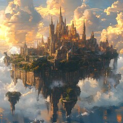 Fototapeta premium A medieval floating city with spires reaching the heavens