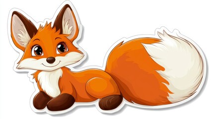 Obraz premium Adorable cartoon fox with orange fur, fluffy tail, and big eyes, lying down on white background. 