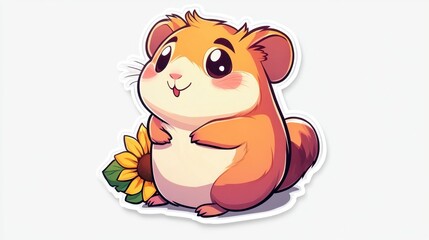 Fototapeta premium Adorable cartoon hamster with big eyes and rosy cheeks, holding a bright yellow sunflower. Pixel art style, lighthearted and cheerful illustration.