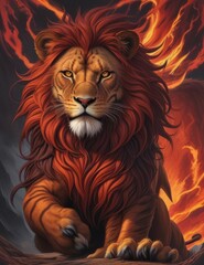 portrait of a lion or Fierce Crimson Mane Lion
