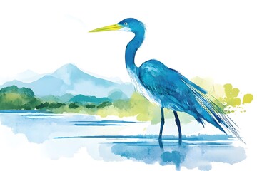 Serene Blue Heron in Watercolor Landscape