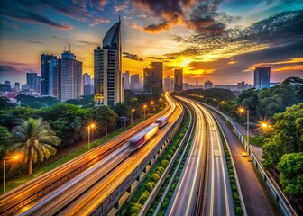 Obraz premium Jakarta Light Rail Transit Aerial Long Exposure Photography