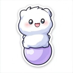Fototapeta premium Adorable cartoon white bear cub sitting on a light purple sphere, pixel art style, cheerful expression, simple background.