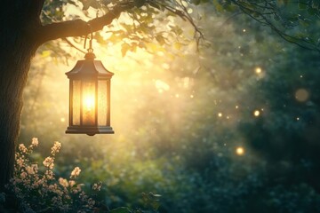 A floating lantern hovering amidst the sunbeams in a dreamlike forest.