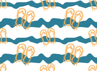 Seamless vector pattern with sandals and waves, modern style, summer beach design