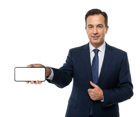 Middle aged businessman holding a smartphone isolated on transparent background