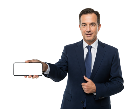 Middle aged businessman holding a smartphone isolated on transparent background