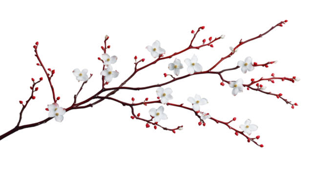 Blooming cherry blossom branch with red buds on transparent background