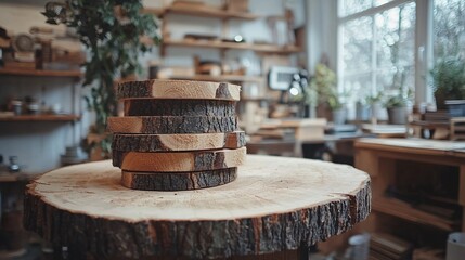 Obraz premium Crafting Wooden Art A Still Life Display in a Cozy Workshop with Natural Elements and Rustic Charm