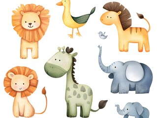 Naklejka premium Cute Watercolor Safari Animals Lion Giraffe Elephant Bird