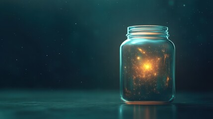 Captivating Glass Jar Containing Glowing Cosmic Elements Illuminating the Dark Background with Ethereal Light and Starry Particles