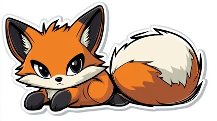 Fototapeta premium Cute cartoon fox with orange fur, large eyes, and a bushy tail, lying down on a white background. The style is pixel art with a slightly rough texture.