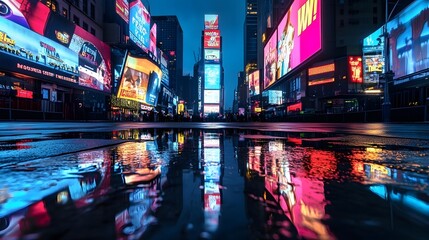 Obraz premium Times square at night reflects vibrant billboards in rainy puddle