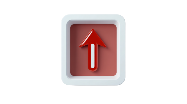 Red up arrow pointing upwards in square button with transparent background