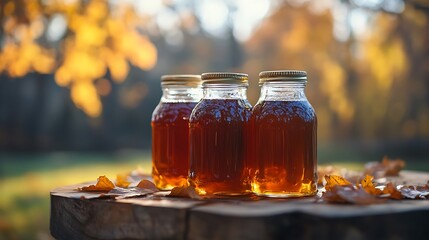 Trio of maple syrup jars with golden reflections on wooden table with autumn leaves. Rich and natural sweetener for pancakes, baking and seasonal comfort food