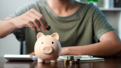 Concepts of saving money and financial planning.  A person is putting coins into a piggy bank. retirement, earnings, financial, loan, economic, finance, wealth, piggy bank, assurance, future.
