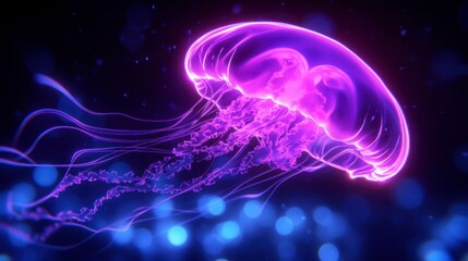 Fototapeta premium Glowing purple jellyfish in dark blue water with bokeh lights. Intricate details, bioluminescent effect, vibrant color.