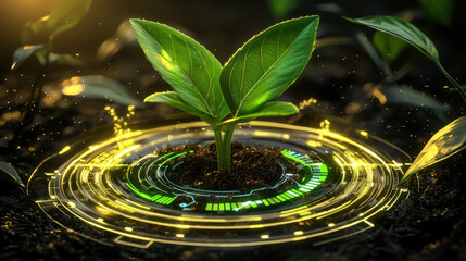 young vibrant green plant sprouting from rich soil, surrounded by digital elements, symbolizes growth and innovation