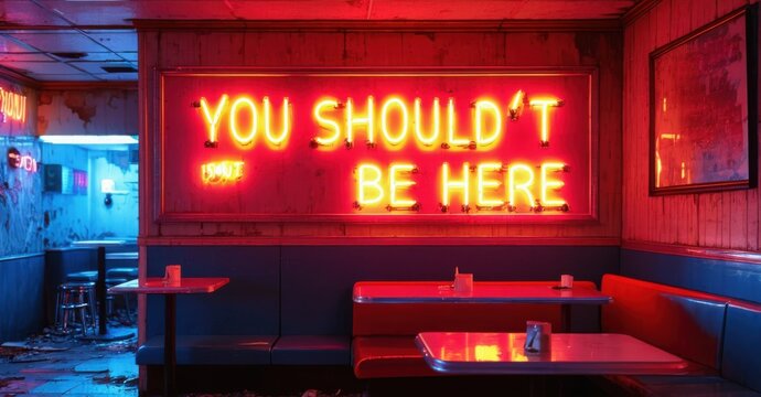 Neon you shouldn t be here sign pulsing in red inside abandoned diner deep navy and bright silver symbolizing warnings left behind