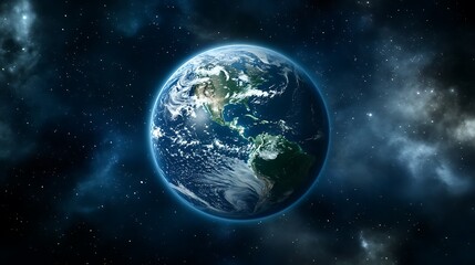 Obraz premium The beautiful blue planet Earth floats in the starry cosmos above