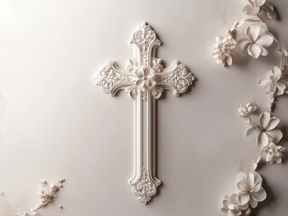 An elegant religious invitation card adorned with a decorative cross and delicate floral details, illuminated by soft light.