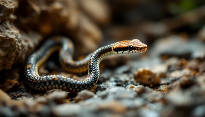 Fototapeta premium Small Black And Orange Snake Among Rocks