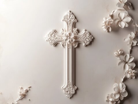 An elegant religious invitation card adorned with a decorative cross and delicate floral details, illuminated by soft light.