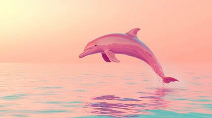 Pink dolphin leaping from pastel ocean at sunrise. Soft, dreamy light bathes the scene. Digital art style.