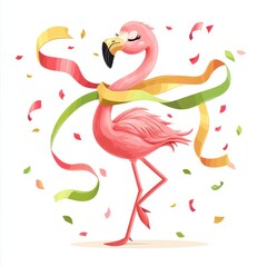 Naklejka premium Pink flamingo standing on one leg, adorned with colorful ribbons, amidst confetti. Joyful, celebratory mood.