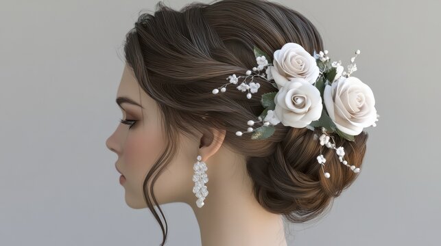 An elegant updo hairstyle adorned with delicate roses and stylish earrings, perfect for formal events.