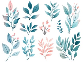 Fototapeta premium Watercolor Floral Elements Teal Pink Botanical Illustrations