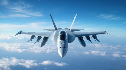Aerial View of a Modern Fighter Jet with Armaments Flying Above Clouds in Clear Blue Sky during Daylight