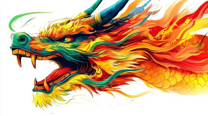 Fototapeta premium Close up of a vibrant, pixelated dragon head, predominantly in shades of orange, yellow, and green, with fiery details and a dynamic, roaring expression against a white background. 