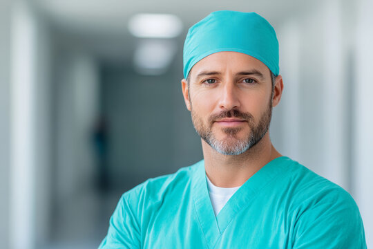 Confident male surgeon in scrubs and cap in hospital