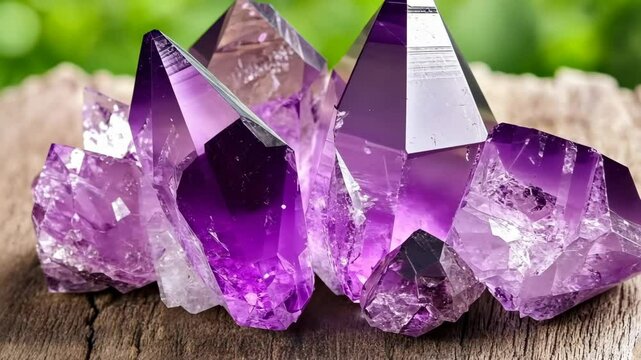 Stunning amethyst crystals sparkling in natural light on a wooden surface in a tranquil outdoor setting