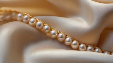 An exquisite pearl and gold bracelet gracefully arranged on soft satin fabric, capturing the essence of luxury.