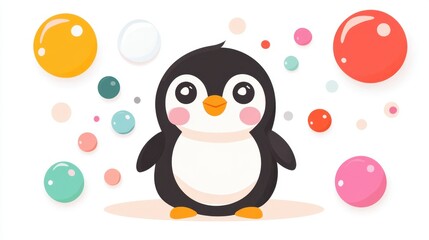 Fototapeta premium Playful illustration of a cartoon penguin surrounded by colorful bubbles on a white background. The penguin is pixelated and has a cute, friendly expression.