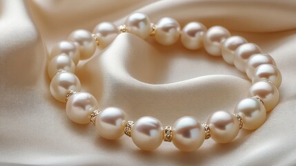 An exquisite pearl and gold bracelet gracefully arranged on soft satin fabric, capturing the essence of luxury.
